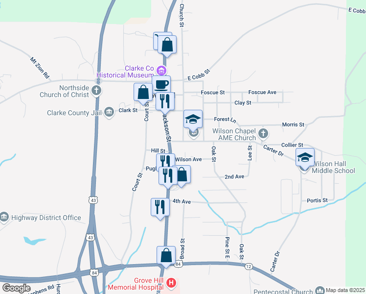 map of restaurants, bars, coffee shops, grocery stores, and more near 101-115 Dubose Avenue in Grove Hill