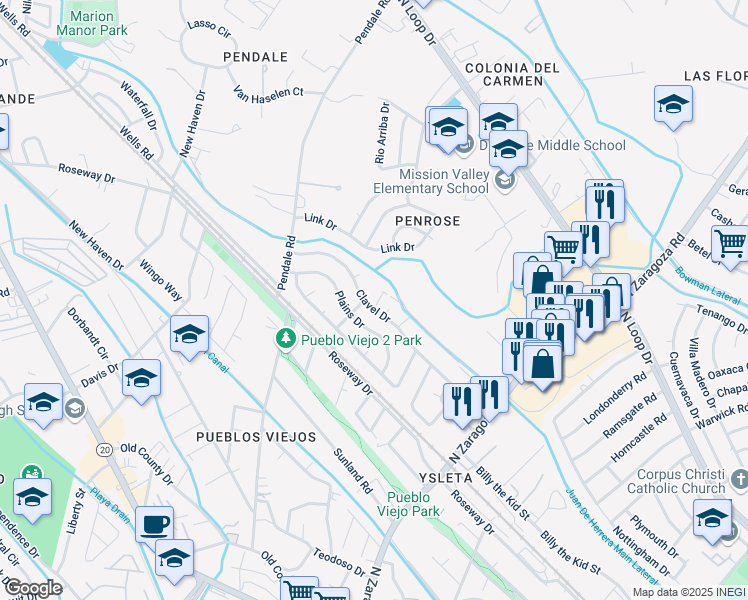 map of restaurants, bars, coffee shops, grocery stores, and more near 8751 Clavel Drive in El Paso