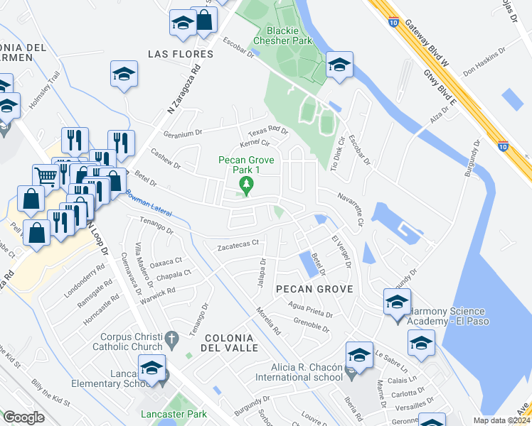 map of restaurants, bars, coffee shops, grocery stores, and more near 849 Lead Tree Place in El Paso