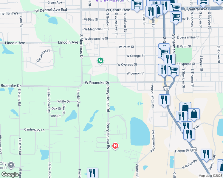 map of restaurants, bars, coffee shops, grocery stores, and more near 516 West Roanoke Drive in Fitzgerald
