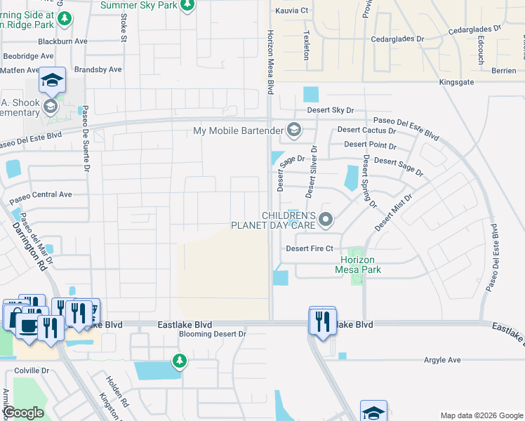 map of restaurants, bars, coffee shops, grocery stores, and more near 760 Desert Sage Drive in Horizon City