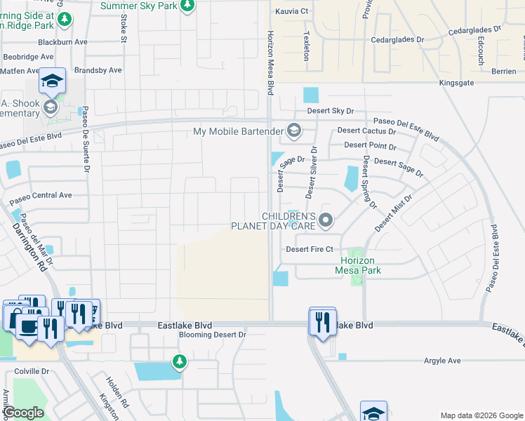 map of restaurants, bars, coffee shops, grocery stores, and more near 760 Desert Sage Drive in Horizon City
