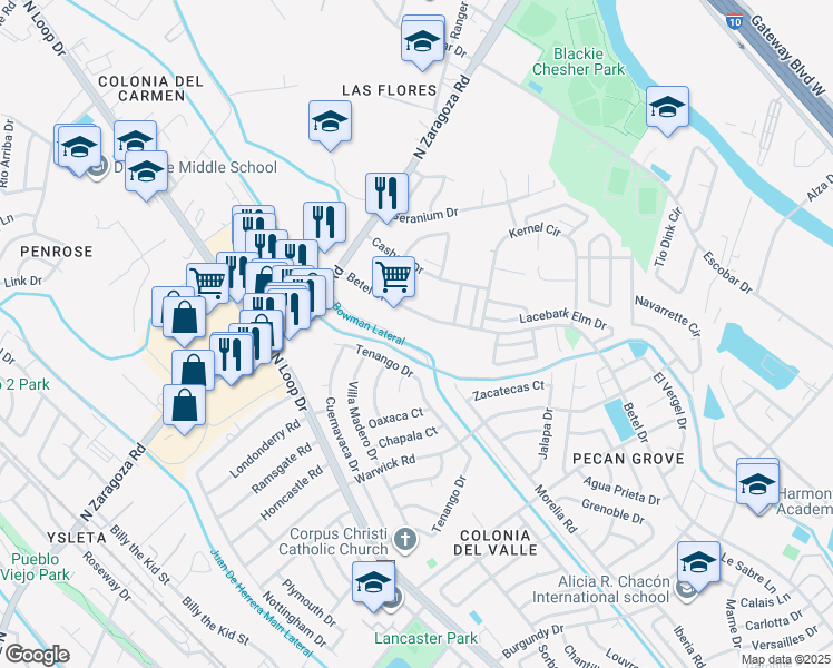 map of restaurants, bars, coffee shops, grocery stores, and more near 9016 Betel Drive in El Paso