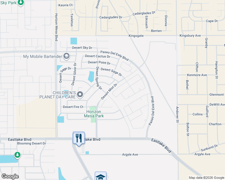 map of restaurants, bars, coffee shops, grocery stores, and more near 14360 Desert Sunset Drive in Horizon City