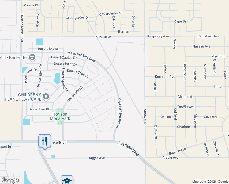 map of restaurants, bars, coffee shops, grocery stores, and more near Paseo Del Este Boulevard in Horizon City