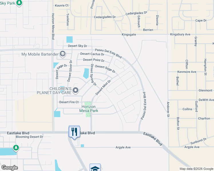 map of restaurants, bars, coffee shops, grocery stores, and more near 14360 Desert Sunset Drive in Horizon City