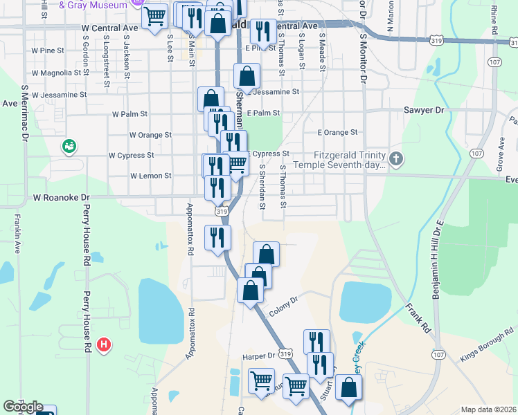 map of restaurants, bars, coffee shops, grocery stores, and more near 904 South Sheridan Street in Fitzgerald