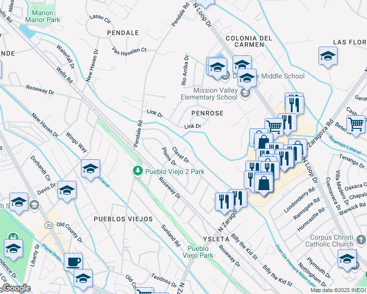 map of restaurants, bars, coffee shops, grocery stores, and more near 8751 Clavel Drive in El Paso