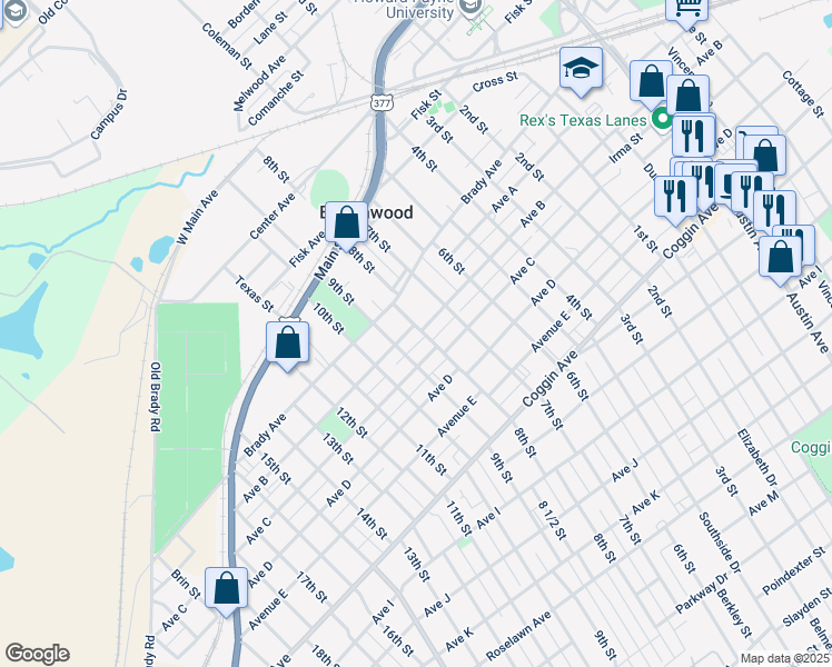 map of restaurants, bars, coffee shops, grocery stores, and more near 2001 Avenue B in Brownwood