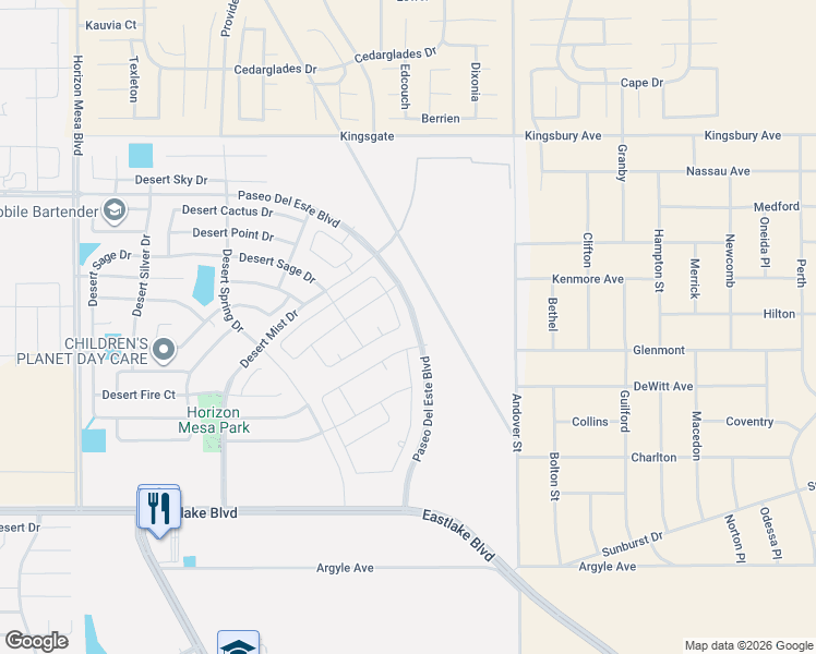 map of restaurants, bars, coffee shops, grocery stores, and more near Paseo Del Este Boulevard in Horizon City