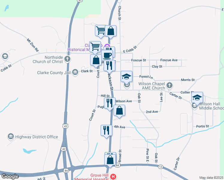 map of restaurants, bars, coffee shops, grocery stores, and more near 115 Dubose Avenue in Grove Hill