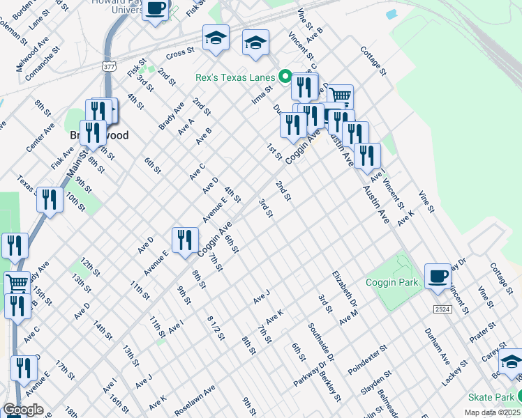 map of restaurants, bars, coffee shops, grocery stores, and more near 1508 Coggin Avenue in Brownwood