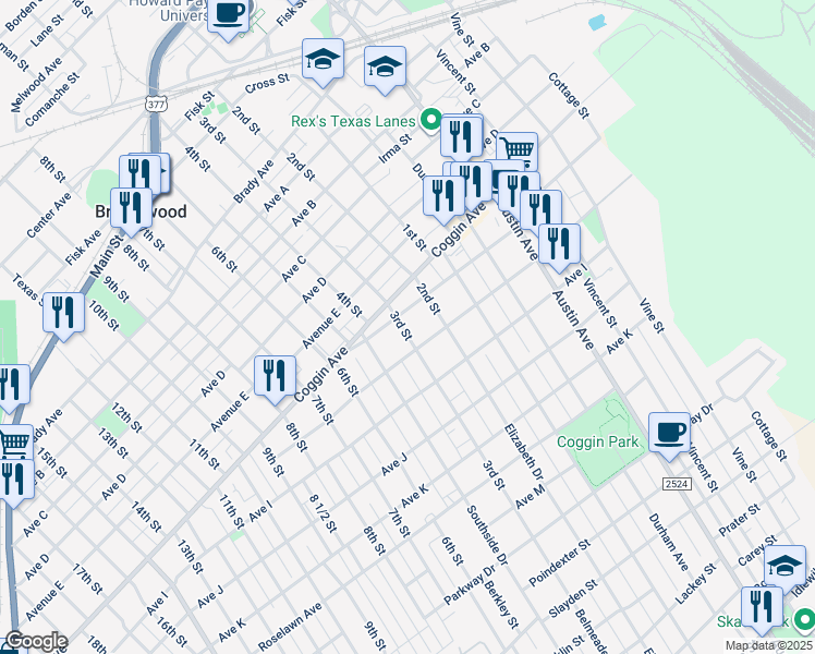 map of restaurants, bars, coffee shops, grocery stores, and more near 1506 3rd Street in Brownwood