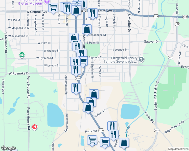 map of restaurants, bars, coffee shops, grocery stores, and more near 904 South Sheridan Street in Fitzgerald
