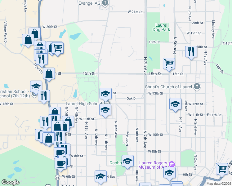 map of restaurants, bars, coffee shops, grocery stores, and more near 731 West 13th Street in Laurel