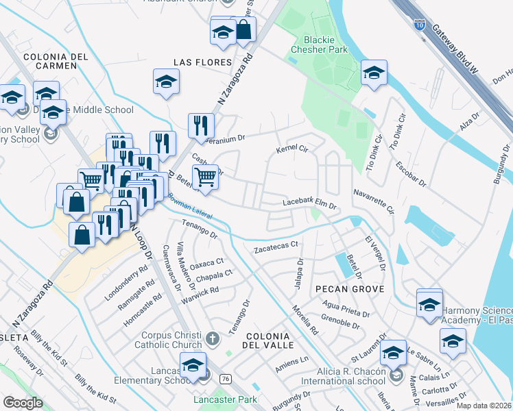 map of restaurants, bars, coffee shops, grocery stores, and more near 860 Mondel Pine Place in El Paso
