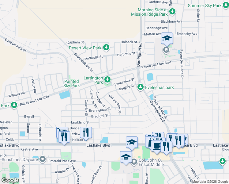 map of restaurants, bars, coffee shops, grocery stores, and more near 13614 Keighly in El Paso