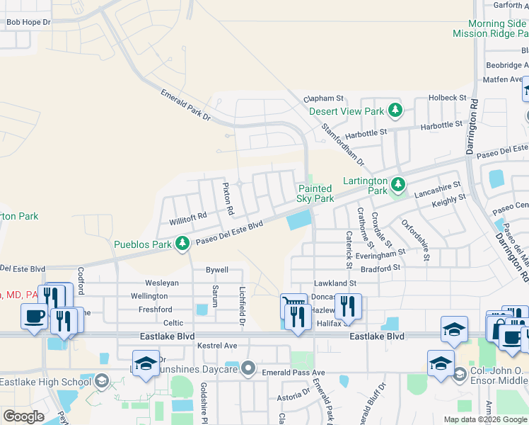 map of restaurants, bars, coffee shops, grocery stores, and more near 762 Ovington Road in El Paso