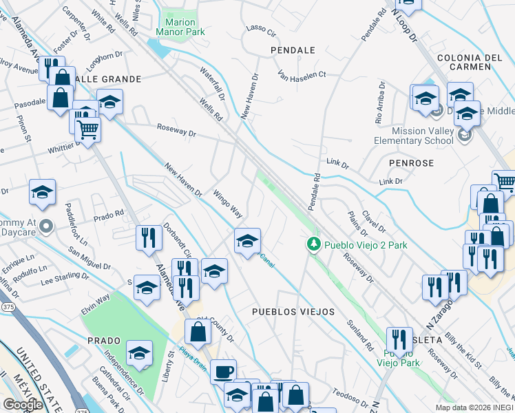 map of restaurants, bars, coffee shops, grocery stores, and more near 8627 Chinchilla Lane in El Paso
