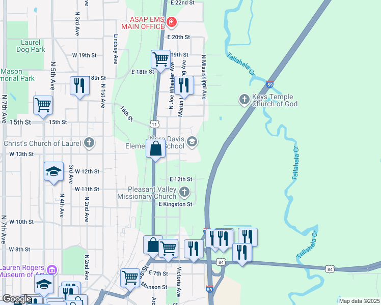 map of restaurants, bars, coffee shops, grocery stores, and more near 1305 Martin Luther King Avenue in Laurel