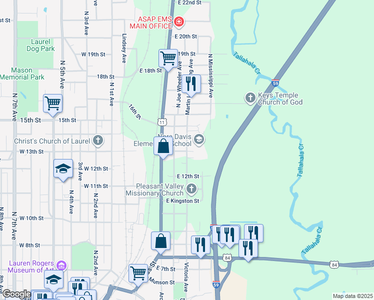 map of restaurants, bars, coffee shops, grocery stores, and more near 1305 Martin Luther King Avenue in Laurel