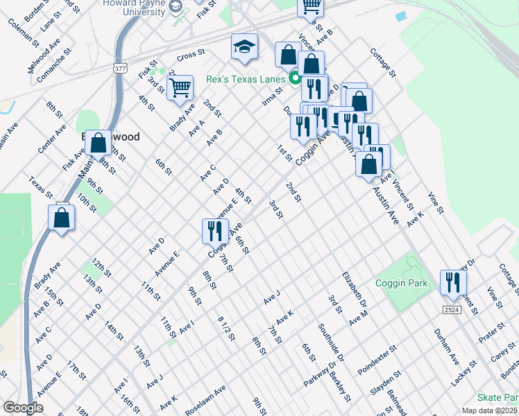 map of restaurants, bars, coffee shops, grocery stores, and more near 1508 Coggin Avenue in Brownwood