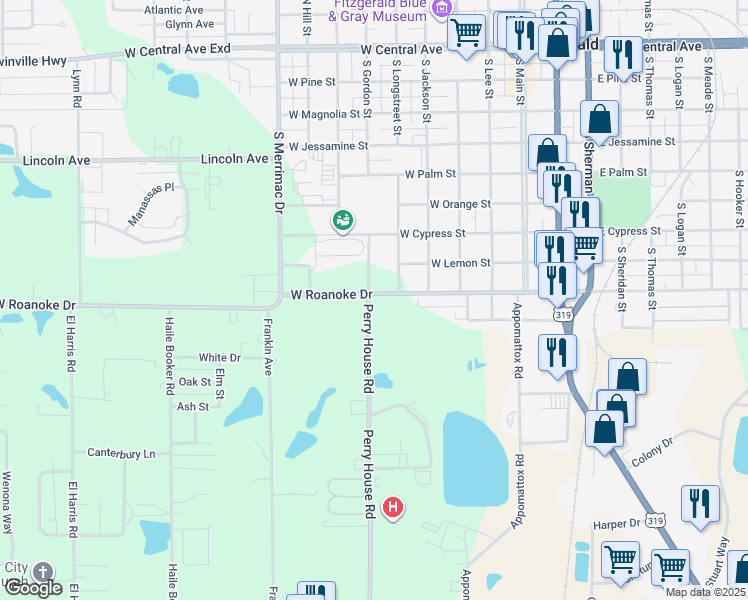 map of restaurants, bars, coffee shops, grocery stores, and more near 516 West Roanoke Drive in Fitzgerald