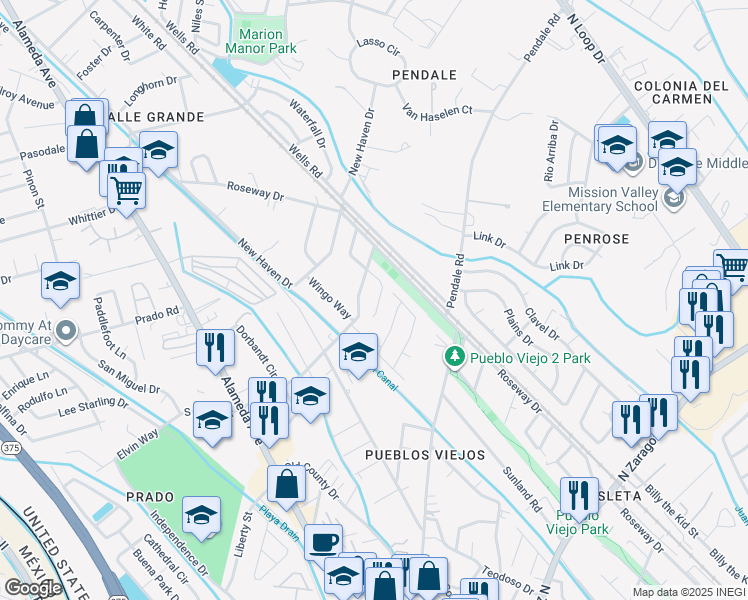 map of restaurants, bars, coffee shops, grocery stores, and more near 8627 Chinchilla Lane in El Paso
