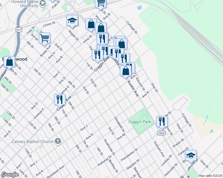map of restaurants, bars, coffee shops, grocery stores, and more near 1610 1st Street in Brownwood