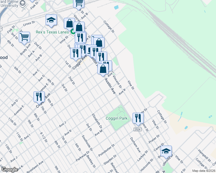 map of restaurants, bars, coffee shops, grocery stores, and more near 1715 Austin Avenue in Brownwood