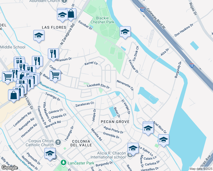 map of restaurants, bars, coffee shops, grocery stores, and more near 9217 Lacebark Elm Drive in El Paso