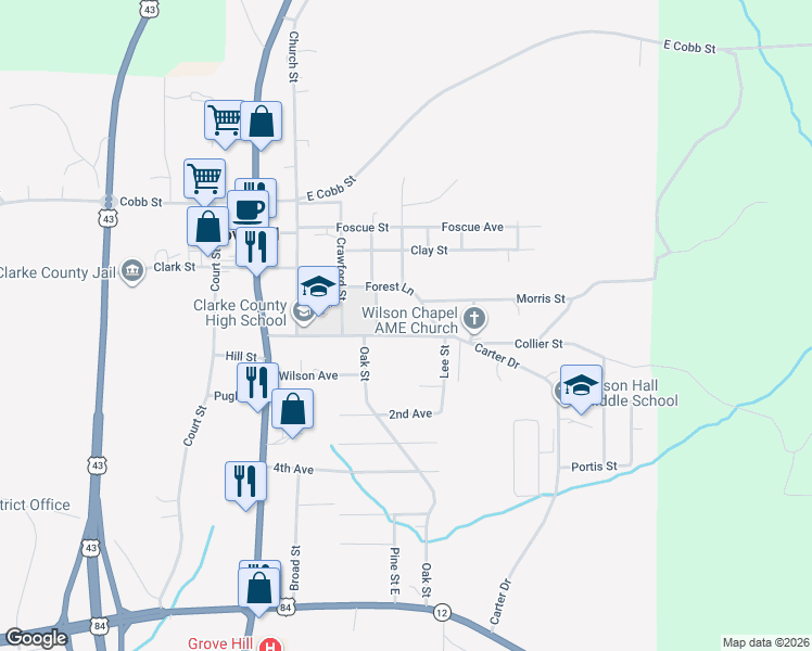 map of restaurants, bars, coffee shops, grocery stores, and more near 156 Dubose Avenue in Grove Hill