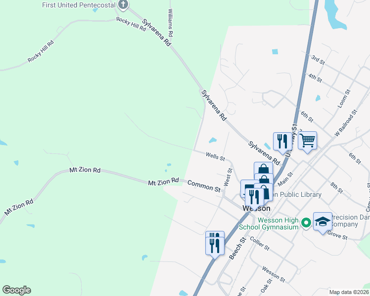 map of restaurants, bars, coffee shops, grocery stores, and more near Sawders Ln in Wesson