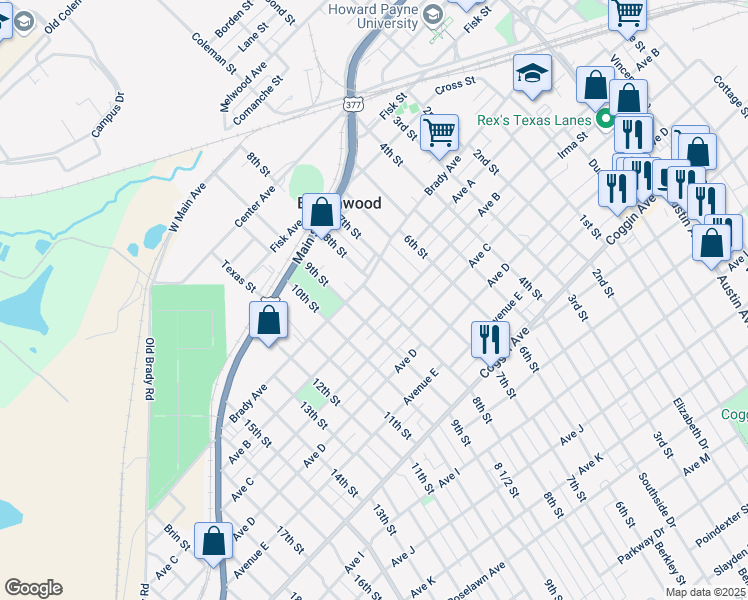 map of restaurants, bars, coffee shops, grocery stores, and more near 2001 Avenue B in Brownwood