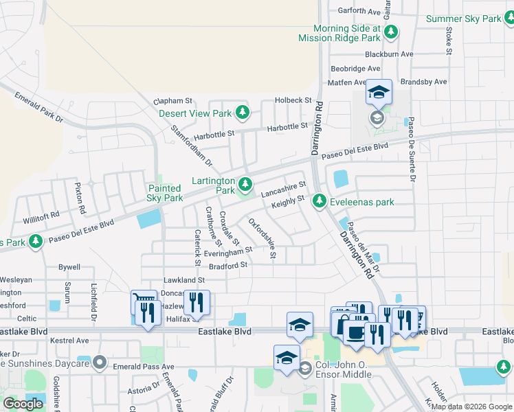 map of restaurants, bars, coffee shops, grocery stores, and more near 13614 Keighly in El Paso
