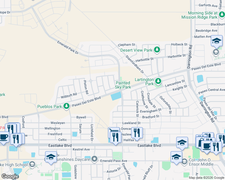 map of restaurants, bars, coffee shops, grocery stores, and more near 13428 Wigan Rd in El Paso