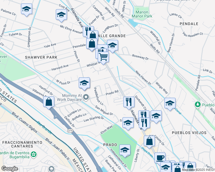 map of restaurants, bars, coffee shops, grocery stores, and more near 151 Prado Road in El Paso
