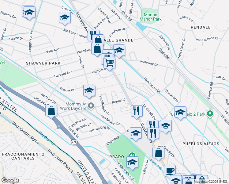 map of restaurants, bars, coffee shops, grocery stores, and more near 151 Prado Road in El Paso