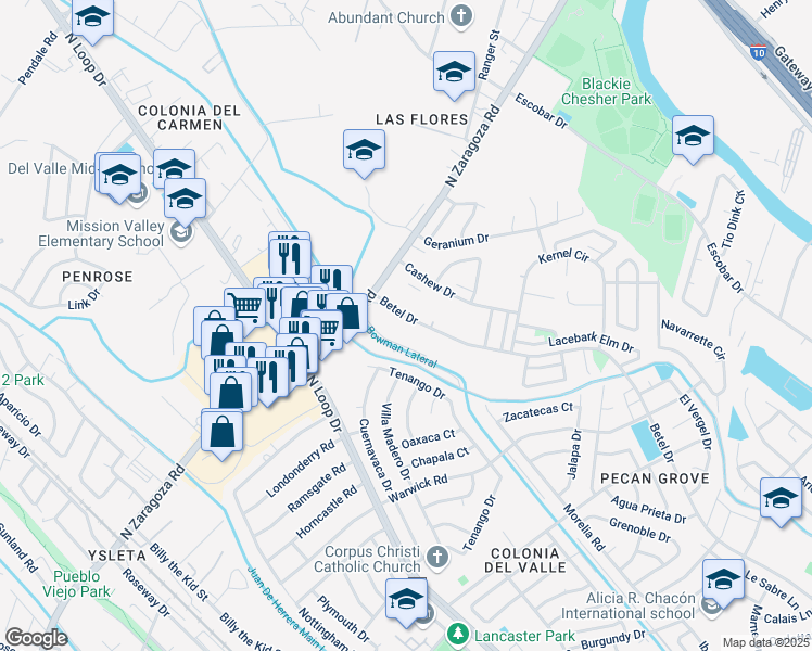 map of restaurants, bars, coffee shops, grocery stores, and more near 9010 Betel Drive in El Paso