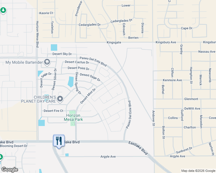 map of restaurants, bars, coffee shops, grocery stores, and more near 14485 Desert Sage Drive in Horizon City