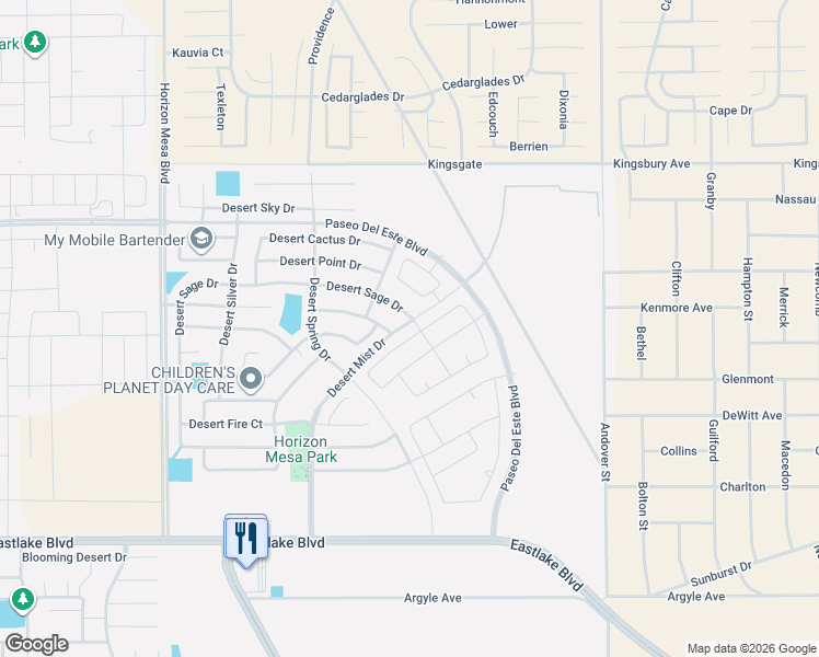 map of restaurants, bars, coffee shops, grocery stores, and more near 14477 Desert Sage Drive in Horizon City