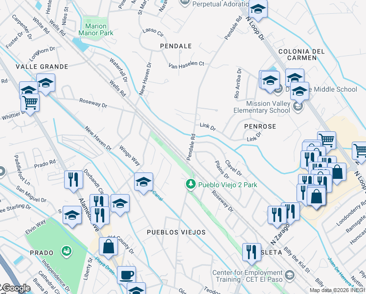 map of restaurants, bars, coffee shops, grocery stores, and more near 317 Pendale Road in El Paso
