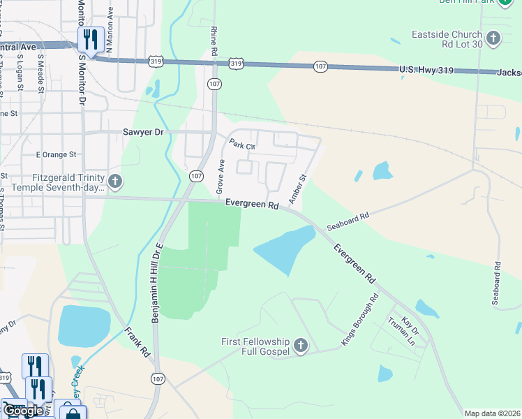 map of restaurants, bars, coffee shops, grocery stores, and more near 206 Evergreen Road in Fitzgerald