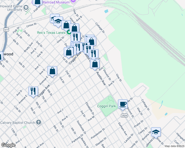 map of restaurants, bars, coffee shops, grocery stores, and more near 1004 Avenue H in Brownwood