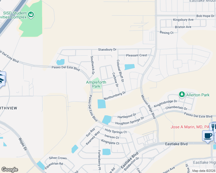 map of restaurants, bars, coffee shops, grocery stores, and more near 12323 Wills Crescent Court in El Paso