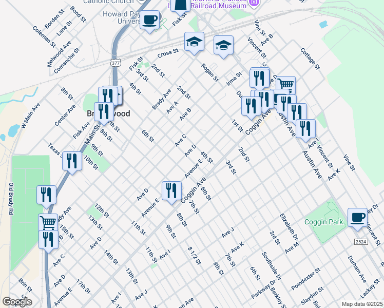 map of restaurants, bars, coffee shops, grocery stores, and more near 1510 Avenue D in Brownwood
