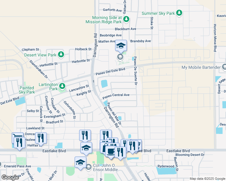 map of restaurants, bars, coffee shops, grocery stores, and more near 673 Paseo Sereno Drive in Horizon City