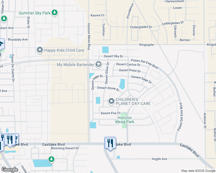 map of restaurants, bars, coffee shops, grocery stores, and more near 14249 Desert Mesquite Drive in Horizon City