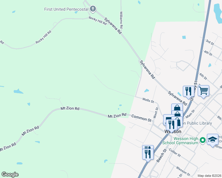 map of restaurants, bars, coffee shops, grocery stores, and more near Sawders Ln in Wesson