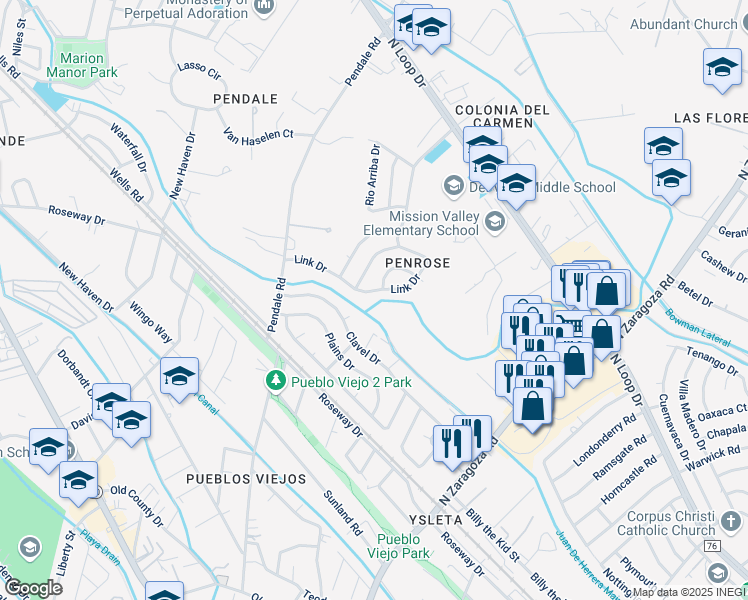 map of restaurants, bars, coffee shops, grocery stores, and more near 8601 Amigo Drive in El Paso